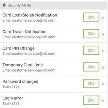 List of security alerts you can find on INB's digital banking