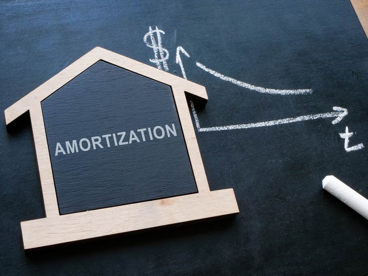 A house with Amortization and a graph of money going down